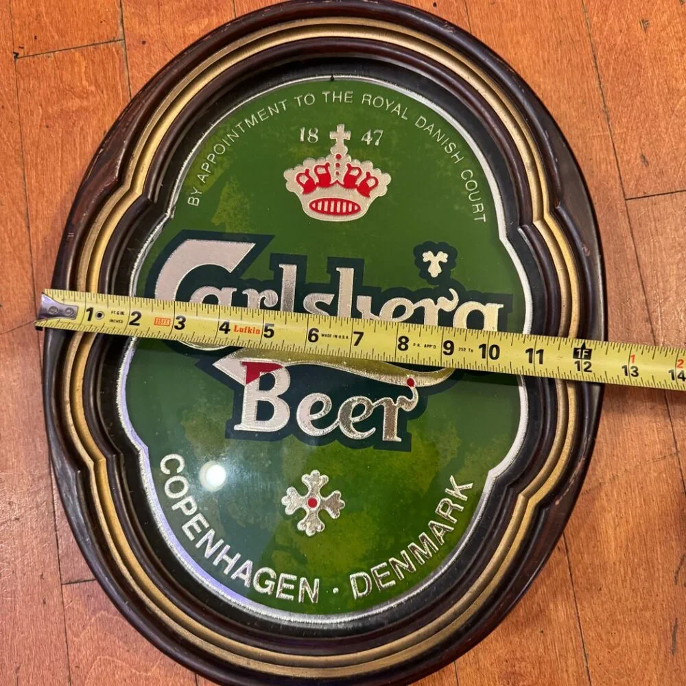 Vintage 1986 Carlsberg Beer Sign Mirror with Wood Frame Copenhagen Denmark